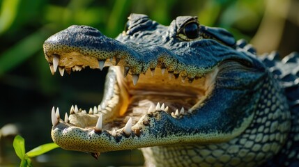 Fototapeta premium Alligator close-up with open mouth showing teeth, swampy, green background, scaled skin