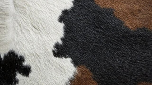 Tri-color cowhide texture white, black, brown fur pattern.