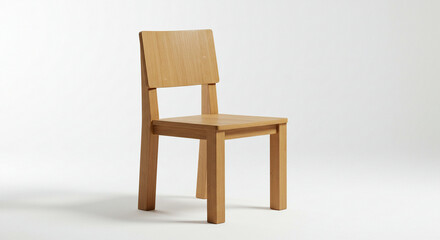 A minimalist wooden chair stands elegantly against a plain white backdrop, showcasing its simple design and natural wood grain in a furniture setting.