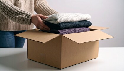 Hands carefully place folded sweaters into a cardboard box, symbolizing the act of donating clothing. This image represents charity, giving, and preparing secondhand items for donation or shipping.