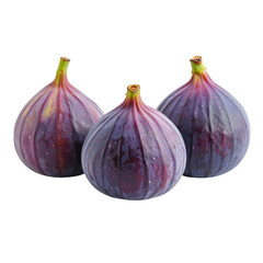 Three plump, ripe purple figs with green stems are shown, highlighting their smooth, slightly ridged texture and rich coloration.