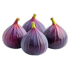 Four ripe purple figs with smooth skin and short green stems clustered together.