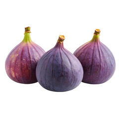 Three ripe purple figs with green stems, showcasing their smooth, slightly wrinkled skin and natural texture.