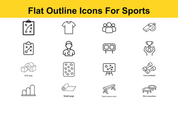Collection of Flat Outline Sports Icons Representing Various Activities and Equipment for Fitness and Recreation