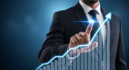 Businessman touching a holographic chart with a rising arrow. A concept of business growth, financial success, and technological advancement