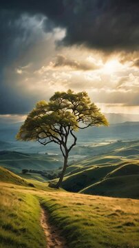 Lone tree on a green hill, stormy sky in background, beautiful light before storm