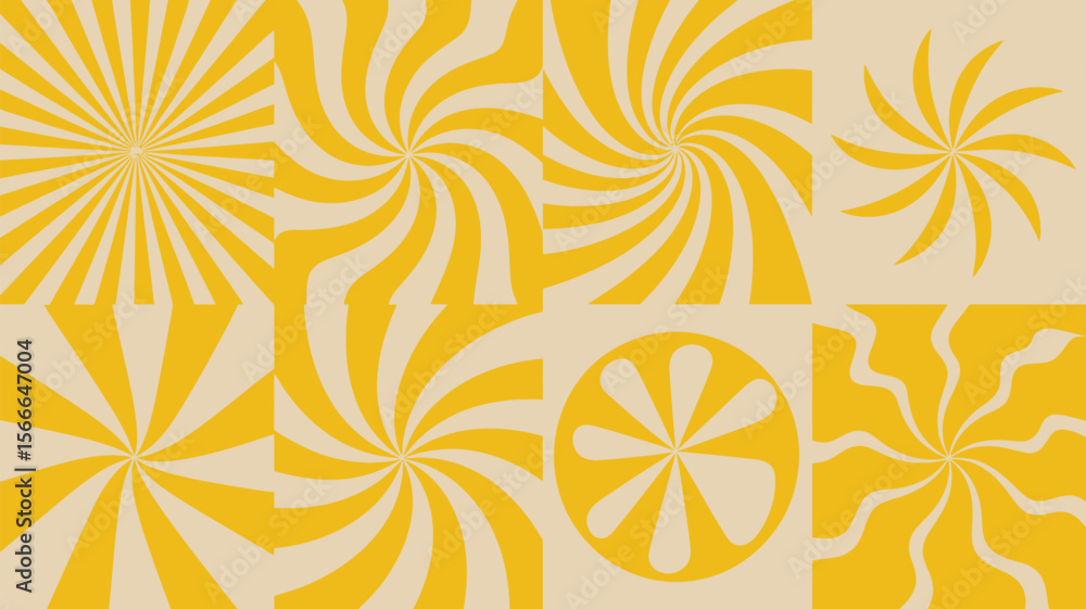 Poster yellow and white abstract pattern with various radial and spiral designs in square and circle shapes