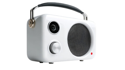 Fototapeta premium Retro styled white portable speaker with leather handle isolated on transparent background