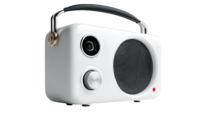 Retro styled white portable speaker with leather handle isolated on transparent background