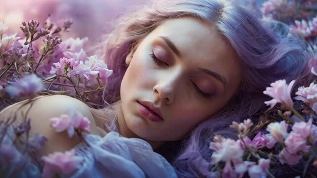 Creative fantasy portrait of a girl surrounded by flowers. Concept of dream, meditation, transcendent conscience and creative mind.
