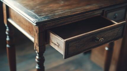 A close-up image of an antique wooden table with one drawer partially open, showcasing the aged wood texture and craftsmanship details.