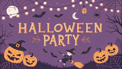 Whimsical Halloween party illustration with pumpkins, bats, witch on broomstick, and festive lights on a purple background.
