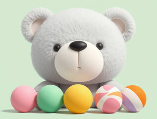 Pastel Easter Eggs and Beige Teddy Bear on Mint Green Background | AI-Generated Spring Scene