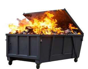 A fiery inferno rages within a heavy-duty industrial dumpster, illustrating a significant waste disposal problem.