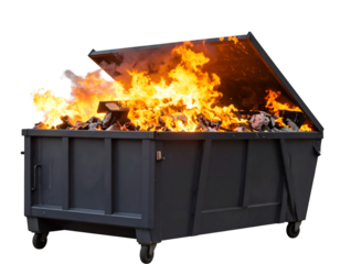 A fiery inferno rages within a heavy-duty industrial dumpster, illustrating a significant waste disposal problem.