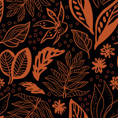 Autumn dark floral leaves seamless pattern. Cute hand drawn fall foliage, leaves shapes and silhouette on black repeat background, wallpaper. Tropical nature. Vector botanical textile design, print.
