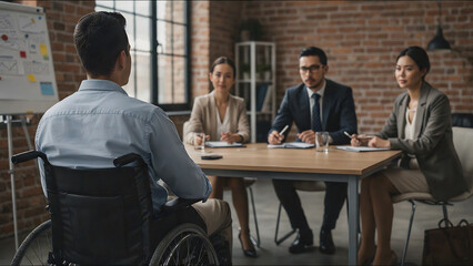 Young businessman using wheelchair presenting his ideas to admissions committee during a job interview in a modern office, demonstrating inclusion and equal opportunities in the workplace