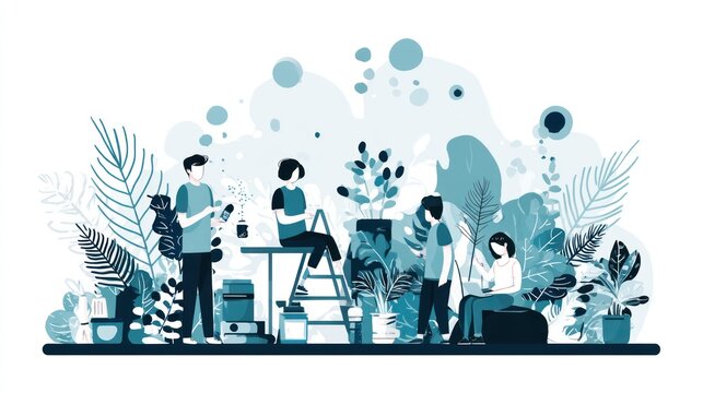 Diverse group collaborating in a plant-filled workspace - Powered by Adobe