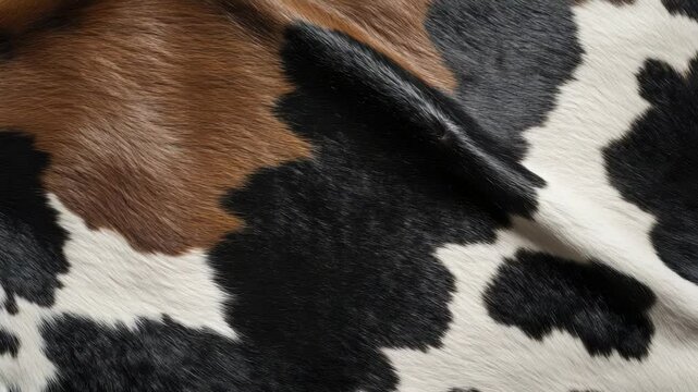 Close-up of tri-color cowhide texture, showing brown, black, and white patches.