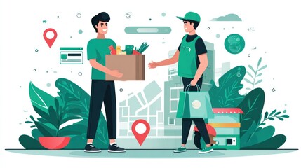 Two delivery workers exchange groceries in a city setting