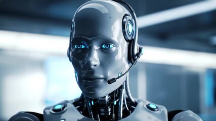 Robot Assistant Provides Customer Support in a Modern Office, showcasing AI technology with a close-up perspective and futuristic concept. - Powered by Adobe