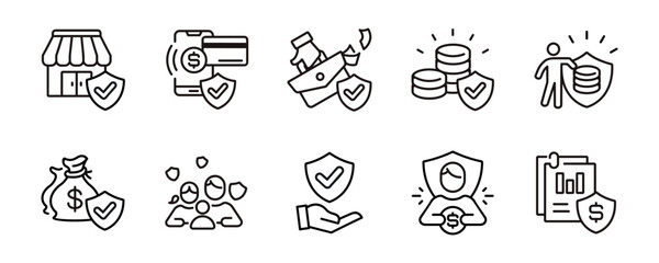 business protection insurance shield icon line set financial online money life guard accident safety assurance checkmark signs vector illustration for web and app