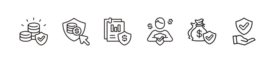 simple financial insurance money shield protection icon line set online life assurance business accident guard compensation service signs vector outline illustration