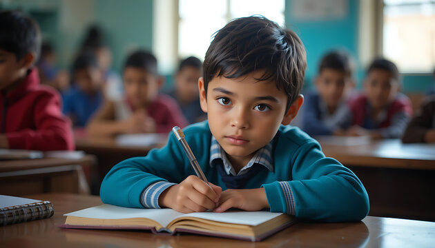 Boy with pen writing in notebook in classroom with classmates in background at school studying hard