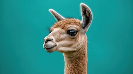 Obraz premium Close-up profile of a brown guanaco against a solid turquoise background