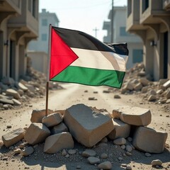  A Palestinian flag (black, white, green, red) draped over a makeshift barricade of rubble and stones in a conflict zone. The flag is dusty but intact, contrasting with the chaotic surroundings. The b