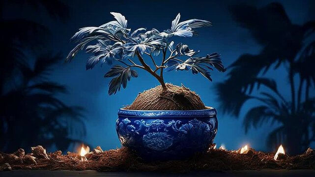 bonsai coconut in Delfts Blauw realistis and slow,ai generative
