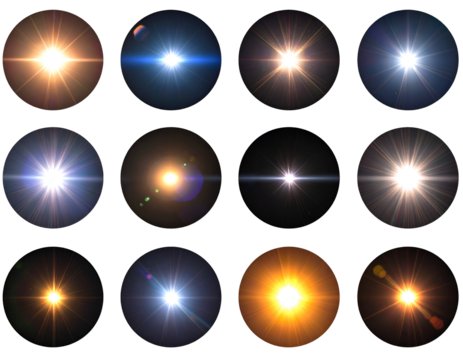 A vibrant collection of radiant lens flare effects illuminates with brilliant light and dynamic energy.