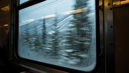Moody view from a train window with raindrops and snowy forest outside. A melancholic winter journey through pine-covered mountains. Soft light, cinematic atmosphere.