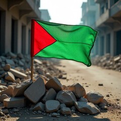  A Palestinian flag (black, white, green, red) draped over a makeshift barricade of rubble and stones in a conflict zone. The flag is dusty but intact, contrasting with the chaotic surroundings. The b