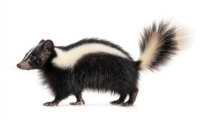 Naklejka premium Skunk stands, black & white fur, bushy tail, facing left against a white backdrop