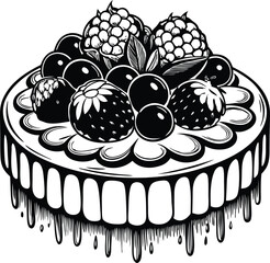 This collection of black and white images features illustrations of blueberry cakes, some showing a single slice and others a whole cake with berries and leaves
