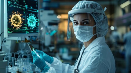 Healthcare professional analyzing digital data in lab medical environment with technology focus