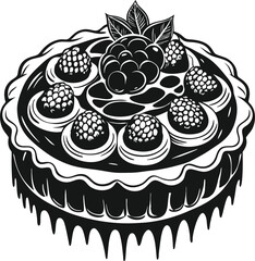 This collection of black and white images features illustrations of blueberry cakes, some showing a single slice and others a whole cake with berries and leaves
