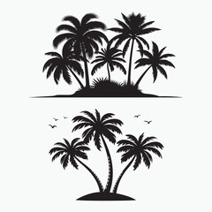 2 Silhouette Palm Trees on Tropical Islands - Paradise Getaway Featuring Birds Flying Over Scenic Landscapes and Exotic Plantlife Decoration.