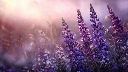 Vibrant purple flowers stand tall among delicate white blooms in a serene meadow, bathed in warm sunset light creating a peaceful atmosphere