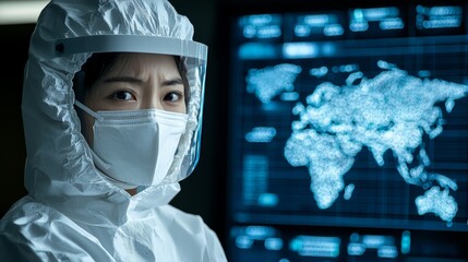 Healthcare professional monitoring pandemic data global infographic indoor analytical approach