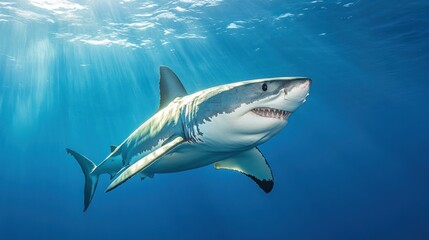 Fototapeta premium Menacing great white shark swims in clear blue ocean waters, sunlight beaming from above