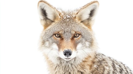 Coyote in snowy conditions, gazing directly at the viewer with a focused expression