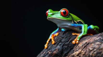 Vibrant frog perched on dark wood