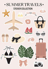 Illustration of summer stickers on a pale purple background.