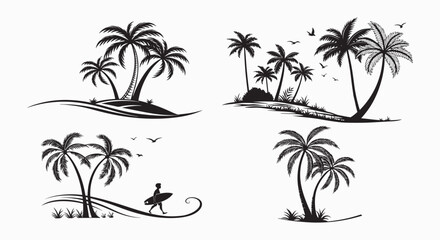 4 Tropical Paradise Silhouettes: Island Life Scenes with Palm Trees, Surfers, and Coastal Vibes in Black and White Vector Art.