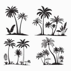 Fototapeta premium 4 Silhouetted Palm Tree Illustrations - Tropical Beach Scenes for Creative Projects Summer Vibes Coastal Designs and Vacation Inspirations