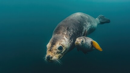 An underwater shot of a large adult seal swimming alongside its much smaller pup, both appearing healthy and in their natural environment.  The water is a deep teal
