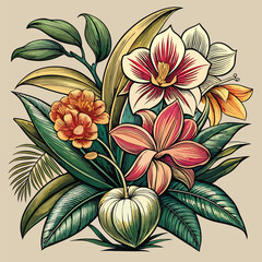 Classic Vintage Floral Art of Blooming Orchids in Elegant Style