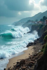 Devastating Tsunami Wave Crushing Coastal Buildings A Powerful Force of Nature Unleashes Destruction and Chaos Leaving a Trail of Debris and Devastation in its Wake.